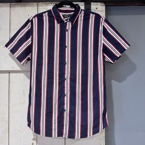 Forever 21 Men's Vertical Stripes SS Collared Button Up Medium Blue Red Pink